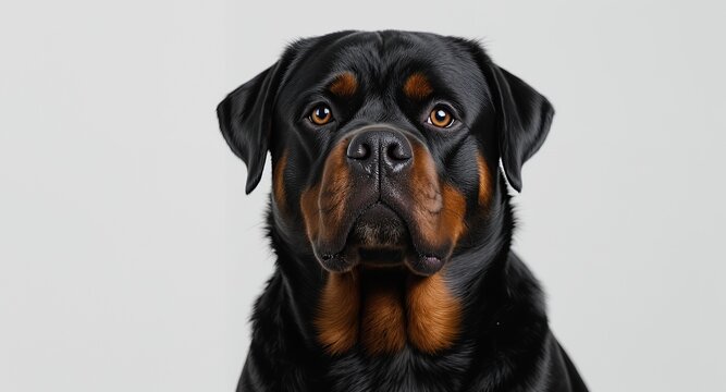 Close-up portrait of a Rottweiler dog looking directly at the camera, against a neutral background