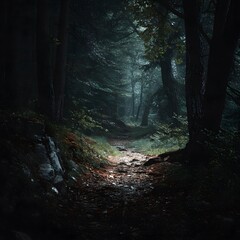 Eerie Forest Path Through Dark Green Trees, Woodland Trail