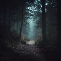 Misty Forest Path Dark Trees with Foggy Light Mysterious Woodland Scenery