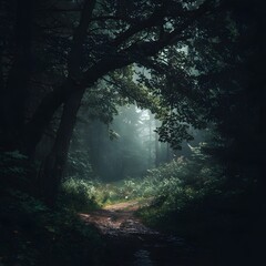Foggy Forest Trail Dark Green Trees Sunlight Mysterious Nature Scene