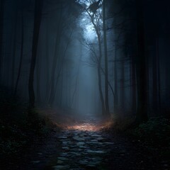 Mysterious Stone Path Winding Through Foggy Dark Forest with Soft Lighting