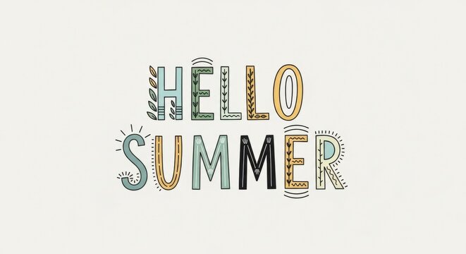 Stylized Hello Summer Greeting with Decorative Elements on Light Background