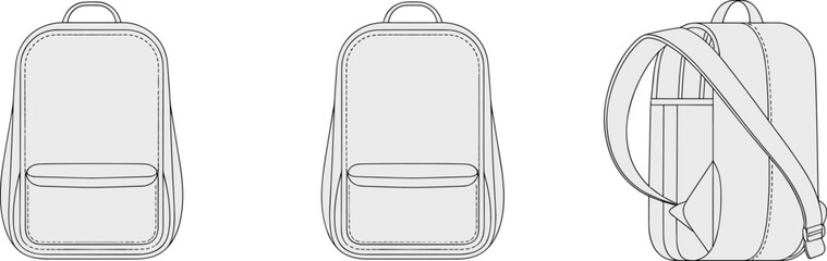 Backpack flat sketch, front side angle view, cad drawing vector, travel bag design, school backpack template, technical outline, fashion accessory illustration