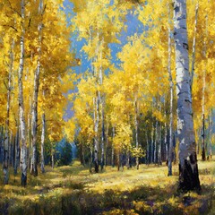 Golden Autumn Forest with White Birch Trees and Blue Sky Art Painting