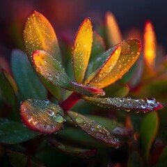 Succulent Plant with Water Droplets, Green Leaves Glowing in Golden Light, Macro