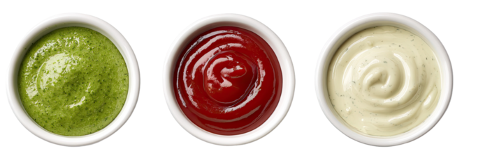 Three small white bowls of different sauces (5)