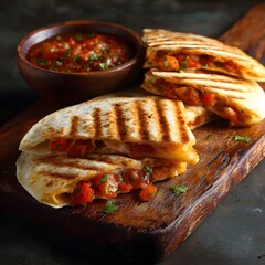 Grilled Quesadilla Slices with Fresh Salsa on Rustic Wooden Board