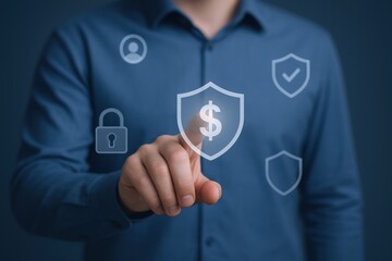 Man Touching Digital Shield with Dollar Symbol: Financial Security and Protection Concept