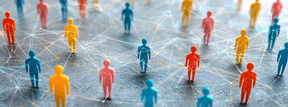 Colorful human figures connected by lines network concept