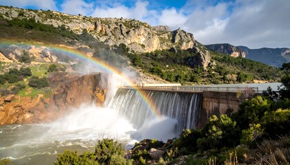 Dramatic rainbow over a powerful dam