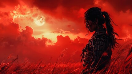 Woman warrior red sunset landscape