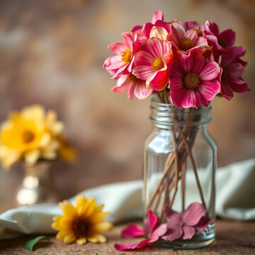 Selective focus and blurred background with copy space of dried petal flower decoration in glass jar shows beautifulness of colorful flora which is luxurious background in vintage and romance style.