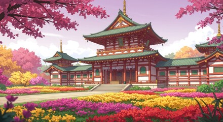Obraz premium Vibrant Springtime at a Traditional Japanese Temple A Cartoon Illustration