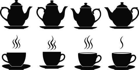 Vector black silhouette teapots with steaming hot cups on saucers, perfect for tea, coffee, cafe, beverage, hot drink design.