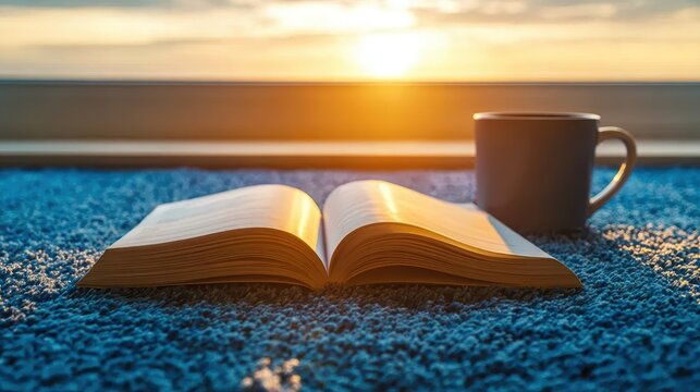 Folded blanket beside open book and warm drink mug at sunset, cozy scene ideal for reading themes, relaxation moments, home life, and��ܰ atmospheres