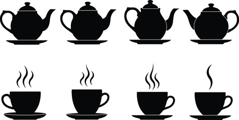 Vector black silhouette teapots and steaming cups on saucers, perfect for tea, coffee, beverage design, branding, and cafe concepts.