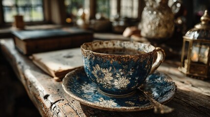 Patterned Teacup on Wooden Desk in Sunlight