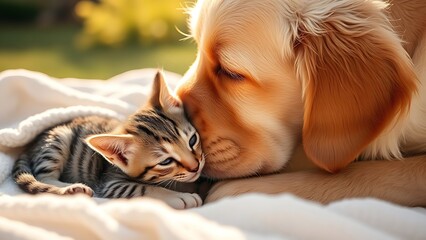 Golden retriever puppy nuzzling tabby kitten, capturing heartwarming animal friendship.