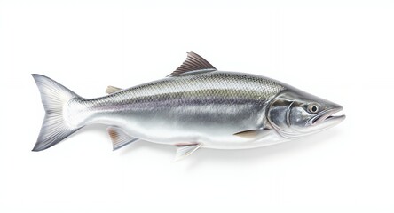 Obraz premium High-resolution image of a silvery fish on a white background, perfect for seafood menus, packaging, and culinary websites.
