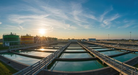 Obraz premium Modern Water Treatment Plant at Sunrise with Clear Reflections and Colorful Storage Tanks