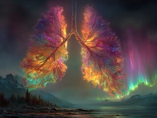 Fototapeta premium Colorful Aurora Borealis In Lungs Shaped Design Over Mountain Landscape