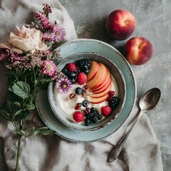Yogurt Bowl with Fresh Berries and Peaches on Blue Plate with Flowers