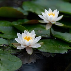 White Water Lily Blossoms Floating on Green Lily Pads in Pond