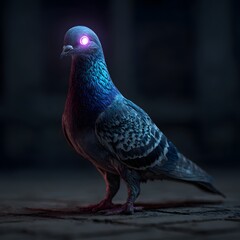 Cyberpunk Pigeon with Glowing Pink Eyes Standing in the Dark