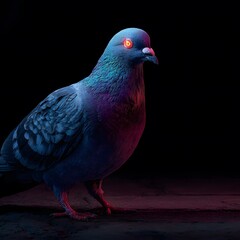 Blue Pigeon with Red Eyes Standing on Dark Surface in Studio
