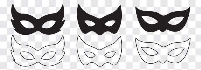 Black mask vector icon collection. Different masks silhouette isolated on white background. Set Superman, Superhero themes, cosplay graphics, comic illustrations, logo, and creative designs. powerful.