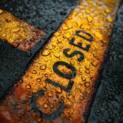 Wet Yellow Line with Black Lettering Close-up Macro Shot