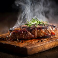 Seared Steak on Wooden Board with Rosemary and Steam Dark Food Photography