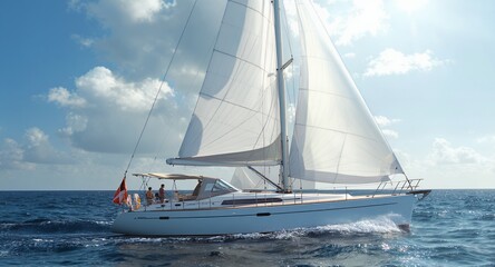 Fototapeta premium Sailing yacht cruising on ocean under sunny sky with white sails