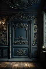 Dark ornate interior door and wall paneling