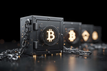 Metal safes with glowing Bitcoin symbols and chains on dark surface, representing cryptocurrency security, digital asset protection and blockchain technology