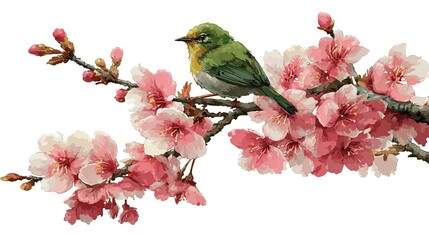 Cherry blossom branch with small green bird on transparent background, cute simple style high resolution PNG element for 2D game art, UI design, and spring themes