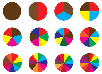  Cercle pie chart set. Different color circles. Segment slice sign. Colorful diagram collection with 1,2,3,4,5,6,7,8,9,10, sections or steps. Circle icons for Infographic wheel segment and fraction.