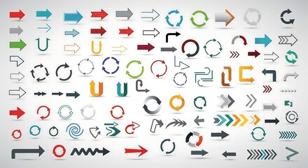 Fototapeta premium Collection of diverse arrow icons and symbols on a light gray