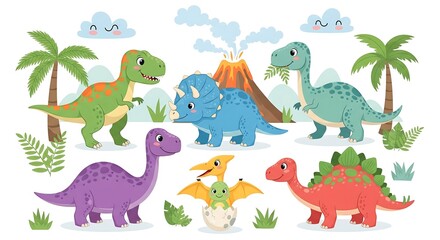 Cute cartoon dinosaurs collection with volcano and palm trees