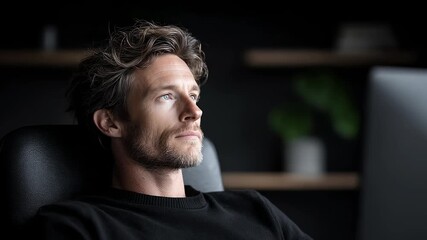 Pensive mature man sitting in a chair relaxing