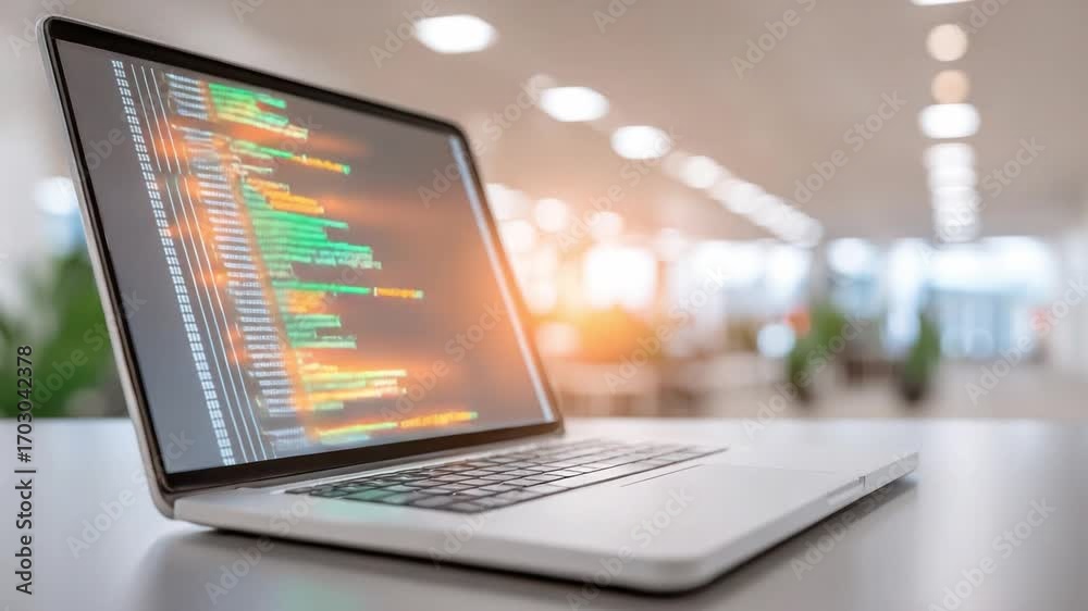 Wall mural modern programming at a desk: a laptop displaying coding lines on a modern table. it shows technolog
