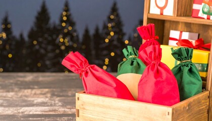 Wooden chest filled with gifts and bags. Snowy forest background