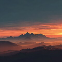 Majestic mountain range under a vibrant sunset sky, casting warm hues over the landscape, evoking a sense of tranquility and awe. allfile (711)