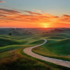 Sunrise casts a warm glow over a rolling green landscape, with a winding road leading towards the horizon, showcasing natural beauty