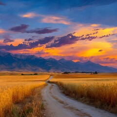 Scenic dirt road through a golden wheat field with mountains in the background under a vibrant sunset sky, rural landscape