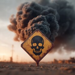 Warning sign against dark toxic cloud. Symbolic depiction of danger, environmental pollution, and hazardous materials. Danger concept