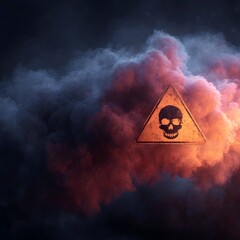 Warning sign against a backdrop of ominous smoke and fire, symbolizing danger, hazard, and potential threats to highlight risks