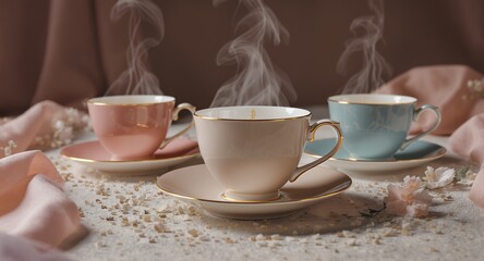 Three pastel teacups with steam on a table with flowers and confetti