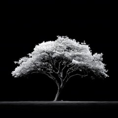 Black and white tree silhouette isolated on a black background, representing nature's resilience, tranquility, and the passage of time