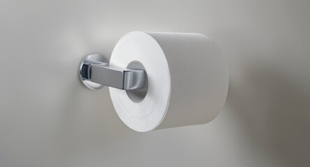 Toilet paper roll on modern chrome holder, bathroom interior, clean design, tissue paper, hygiene product, minimalist style